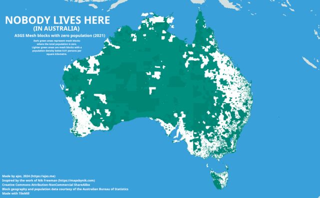 A map of Australia subdivided into ASGS Mesh Blocks, showing blocks with no reported residents