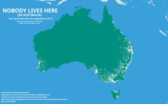 A map of Australia subdivided into one kilometre square blocks, showing blocks with no reported residents