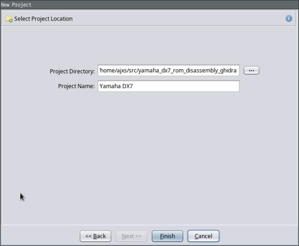 A screenshot of Ghidra showing the 'New Project' dialog