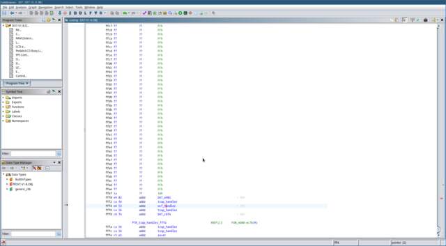 A screenshot from Ghidra showing the interrupt vector table and the OCF interrupt handler pointer