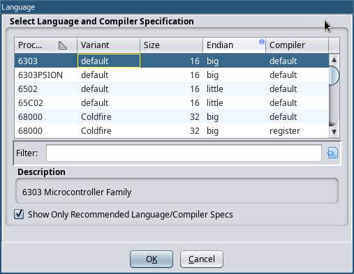 A screenshot of Ghidra showing the 'Select Language' dialog