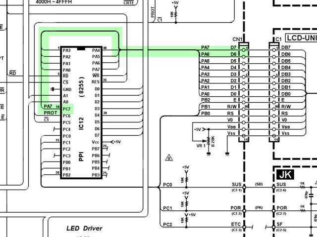 An excerpt from the Yamaha DX7's schematics showing the PPI's connection to the LCD controller's 'Busy Flag' line