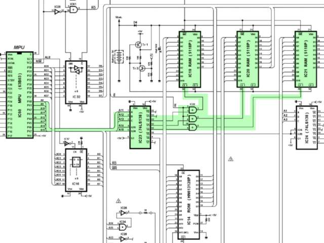 An excerpt from the Yamaha DX7's schematics, with the RAM address mapping logic highlighted