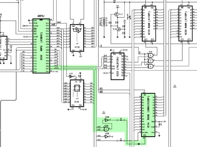 An excerpt from the Yamaha DX7's schematics, with the ROM address mapping logic highlighted